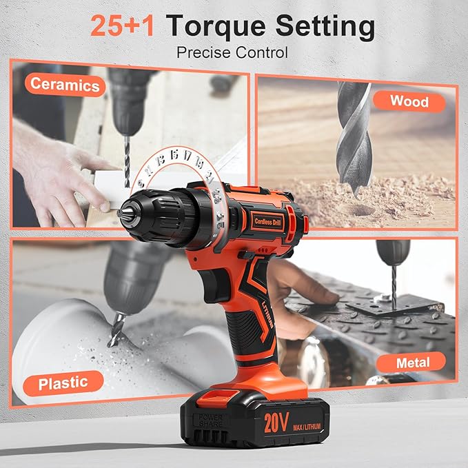 Cordless Drill, 20V Power Drill, Double 2000mAh Power Pack Electric Drills, Cordless Drills with Power Pack and Charger, 3/8" Keyless Chuck Screwdriver with 25+1 Max 370 In-lb Torque, 42Pcs Bits