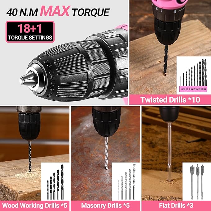DEKOPRO Pink Drill Tool Kit Set: 20V Cordless Power Drill Tool Box with Battery Electric Drill Driver for Men Home Hand Repair Basic Toolbox Tools Sets Drills Case, DKMT186-GP
