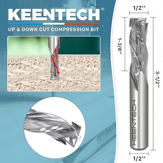 KEENTECH 1/2" Shank 3 Flute Flat Tip Compression Sprial Router Bit for CNC Router Machine, 1/2" Cutting Diameter, 1-3/8" Cutting Depth, for Wood Cutting, Custom Furniture, Slot Mortise, Engraving