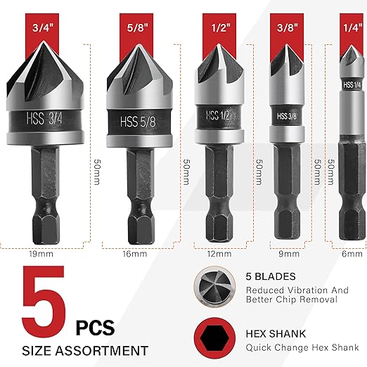 5 Pcs Countersink Drill Bit Set, 82 Degree 5 Flute High-Speed Steel Countersink Drill Bit with 1/4” Hex Shank, 1/4" to 3/4" Size for Machinable Metals, Wood, Carbon Steel, in Aluminum Case