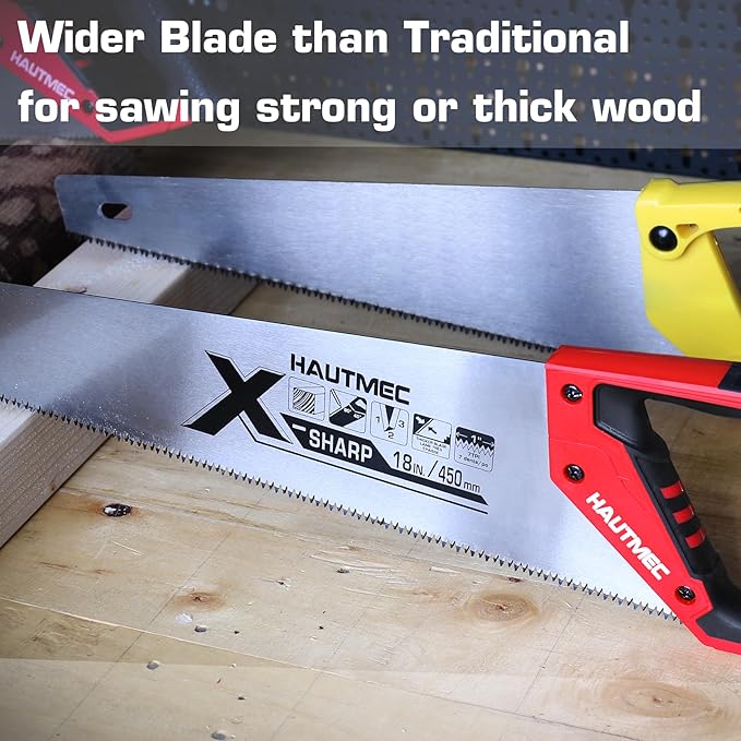 HAUTMEC 18-Inch X-Sharp Pro Hand Saw, Long Wood Saw with 7 TPI Triple Ground Teeth, Thick Blade & Ergonomic Handle, Universal Handsaw for Wood, PVC, Plastic & Trimming – HT0151