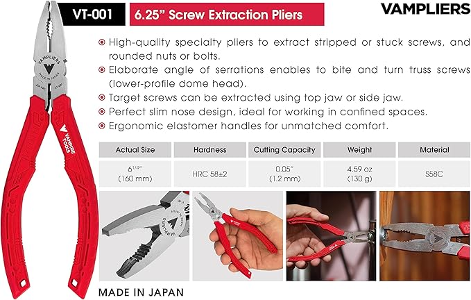 VAMPLIERS 4-Piece Stripped Screw Extractor Pliers Gift Set. Made in Japan. 8" Linesman, 7.5" Long Nose, 6.25" Multipurpose & 5" Mini Pliers. Remove any Stripped/Damaged/Rusted Screws.