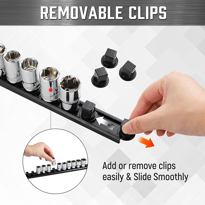 ALOANES 3-Piece Magnetic Socket Organizer, Heavy Duty Aluminum Rails, 360 Swivel Clips, 1/2, 3/8, 1/4-Inch Socket Holder x 40 Clips (Black)