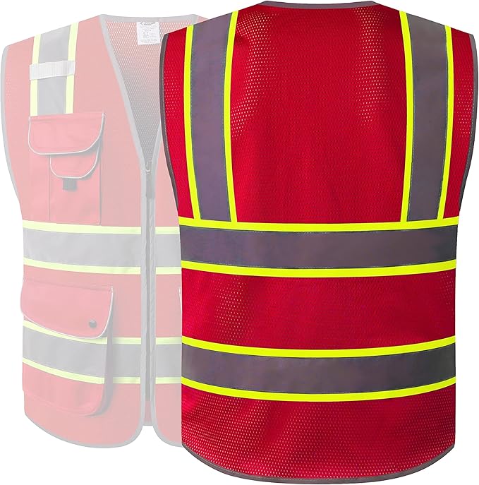 JKSafety 9 Pockets Hi-Vis Neon Red Zipper Front MESH Safety Vest with Fluorescent Yellow Extend Edge outlining the Reflective Tapes Meet ANSI/ISEA Class 2 Standard (100-Red, 5X-Large)