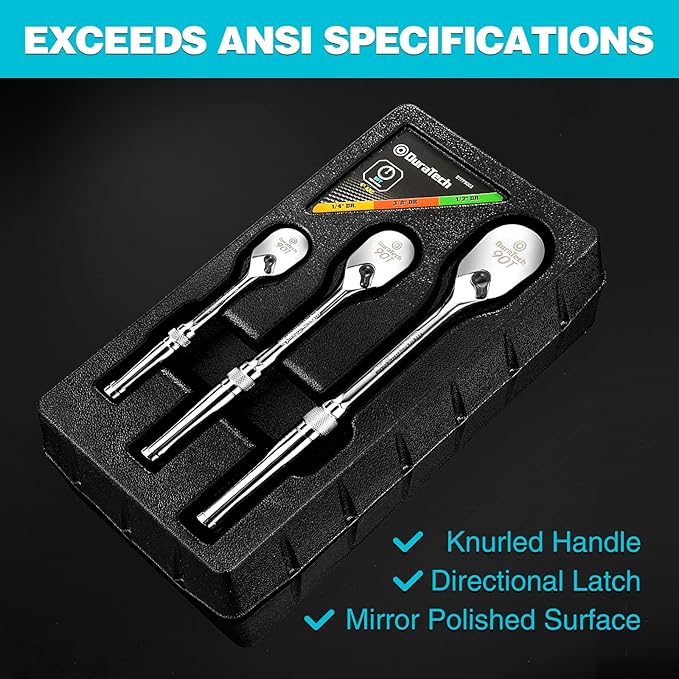 DURATECH 3-Piece Ratchet Set, 1/4", 3/8", 1/2" Drive Ratchets, Dirt Resistance 90-Tooth Ratchet Wrench, Chrome Alloy Made, Fully Polished, Organized in Storage Case