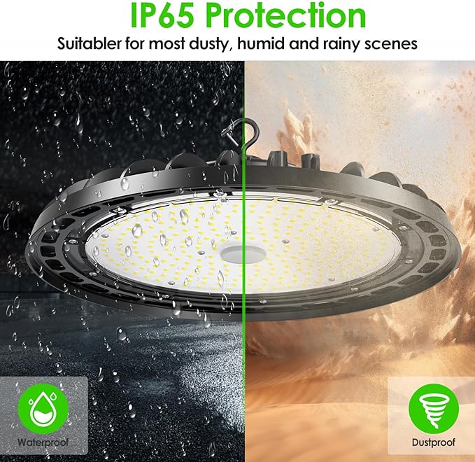 LED High Bay Light 150W, 10' UFO Commercial Lighting Fixture w/Isolated Power Supply, w/Plug for Garage Shop Warehouse Workshop, 5000k 21000lm Dimmable IP65 UL ETL Listed (1-Pack)