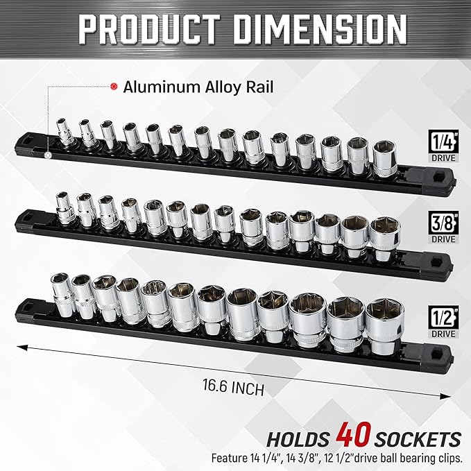 ALOANES 3-Piece Magnetic Socket Organizer, Heavy Duty Aluminum Rails, 360 Swivel Clips, 1/2, 3/8, 1/4-Inch Socket Holder x 40 Clips (Black)