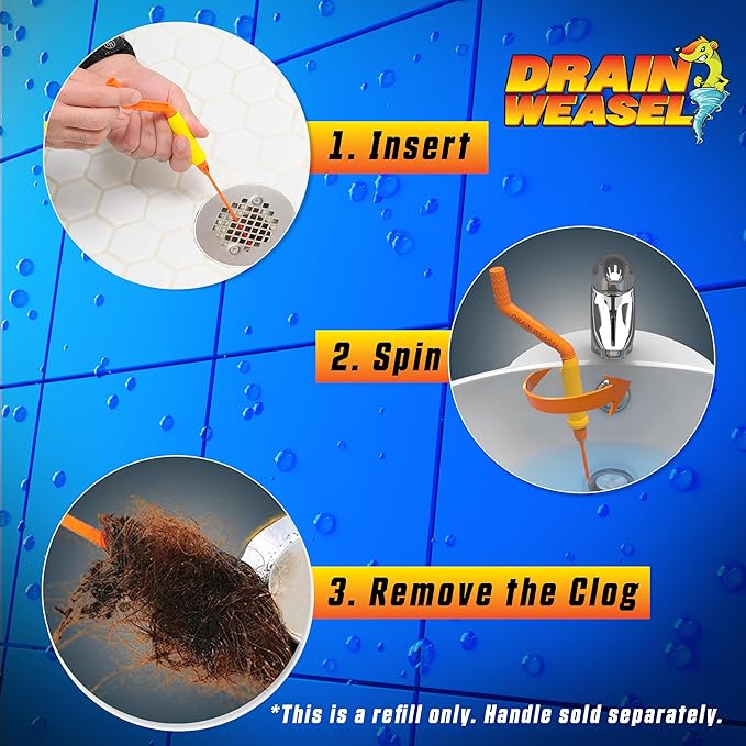 FlexiSnake Drain Weasel Refill - Sink Snake Hair Clog Remover Tool, Sink, Pipe, Bathroom, Bathtub Drain Cleaner, 18-inch Long Flexible Disposable Wands, Made in The USA, 10 Pack
