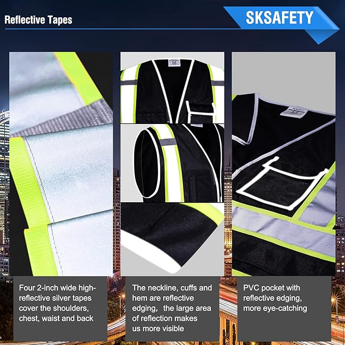 SKSAFETY 10 Pockets Safety Vest, Class 2 High Visibility Security with Zipper, Hi Vis Vest with Reflective Strips, ANSI/ISEA Standard, Construction Work Vest for Men ＆ Women （Black, XL）