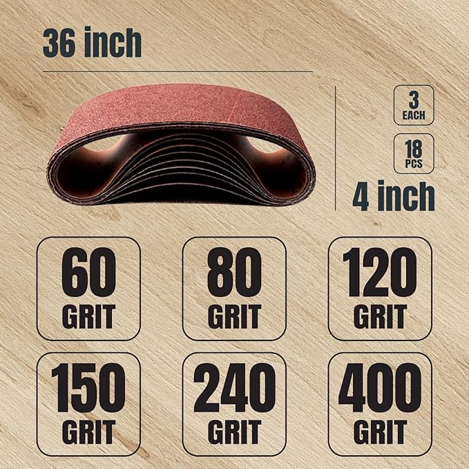 POWERTEC 18PK 4x36 Sanding Belts, 3 Each of 60/80/120/150/240/400 Grits w/Cleaning Stick, Aluminum Oxide 4 x 36 Inch Sanding Belts for Benchtop Belt and Disc Sander, Woodworking, Metalworking (110119)