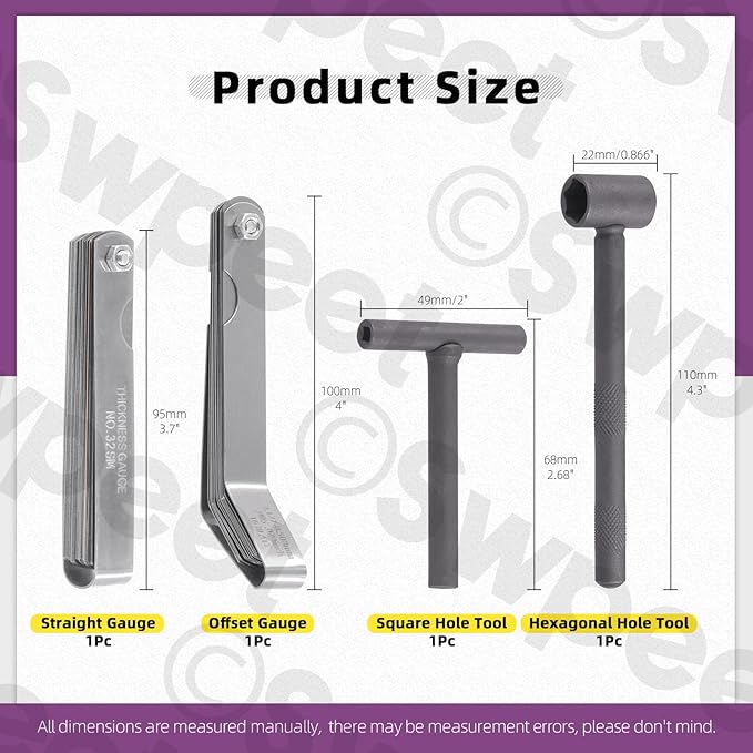 Swpeet 4Pcs Adjusting Valves Tools Set, Motorcycle Engine Valve Screw Adjusting, Include Square Hole Tool, Hexagonal Hole Tool, Straight Feeler Gauge and Offset Feeler Gauge(Metric and Imperial)