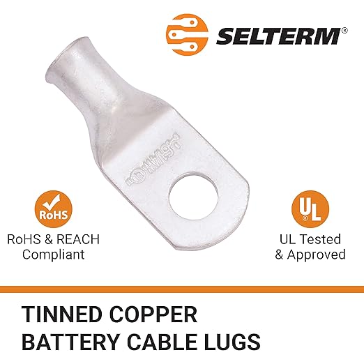 SELTERM 25pcs 6 AWG 1/4" Stud (Wide Pad) Marine Grade Tinned Copper Battery Cable Lugs, 6 Gauge Ring Terminals,UL Wire Lugs Electrical Battery Cable Ends,Tinned Copper Lugs Battery Terminal Connectors