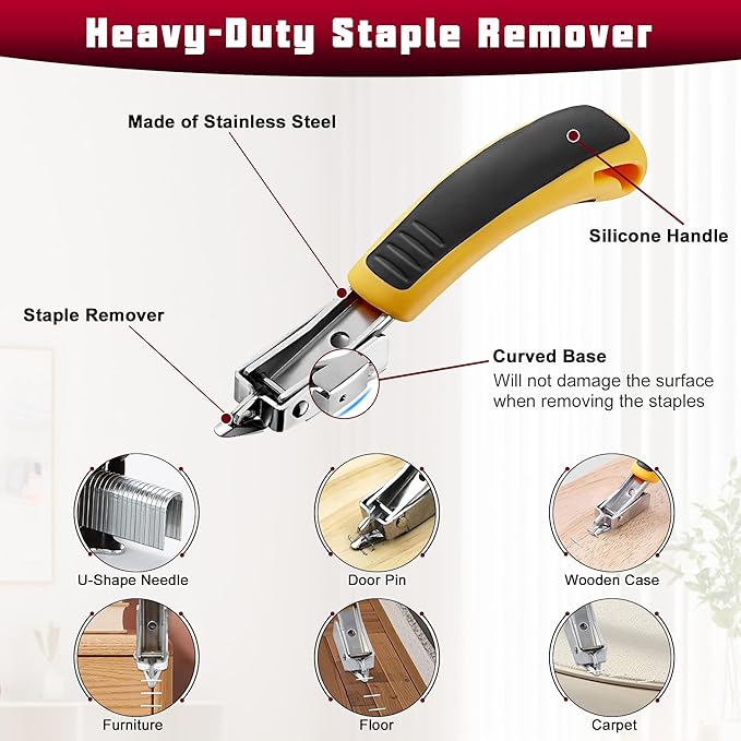 4Pcs Upholstery Staple Remover Tool Set with End Cutting Plier, Staple Puller, Nail Puller Plier, Tack Lifter, Zipper Bag,Fastener Remover Tools for Furniture Carpet Floor Wall Photo Frame