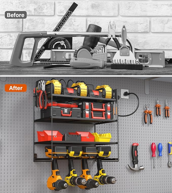 JUNNUJ Power Tool Organizer with 10 Outlet Power Strip, 4 Layer Wall Mount Drill Holder with Charging Station, 4 Drills Storage Shelf Shop Garage Utility Rack, Black
