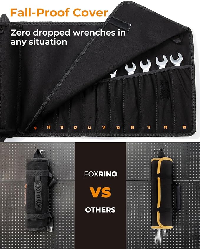 Wrench Roll, Wrench Roll Up Pouch, Gifts for Men Father Dad Mechanic, Heavy Duty Canvas Wrench Organizer Bag (Black, 12+1 Metric)