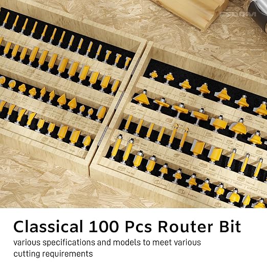 CSOOM 100PCS Router Bits Set - 1/4" Shank, Professional Wood Bits, Tungsten Carbide Milling Bits for Woodworking