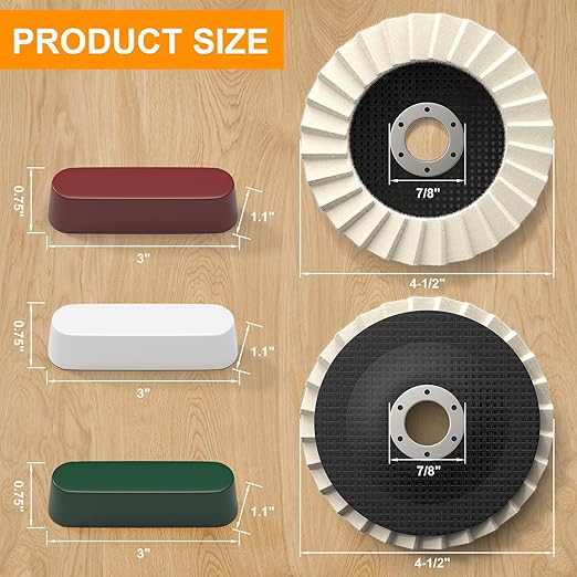 8 Pcs Wool Polishing Wheel & Compound Kit – 5 Aluminum Buffing Wheels (4-1/2" x 7/8") + 3 Polishing Compounds–Felt Flap Disc for Angle Grinder – Multi-Surface Buffing for Metal, Wood, & Automotive