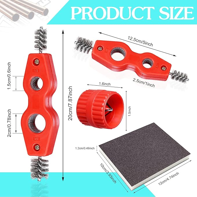 6 PCS Copper Pipe Cleaner and Reamer & Sanding Sponge Set, Include 2 PCS Copper Pipe Cleaner, 2 PCS Reamer & 2 Pack Sanding Sponge, 4 In 1 Pipe Deburring Brush for PVC PPR Copper Brass Aluminum Pipes