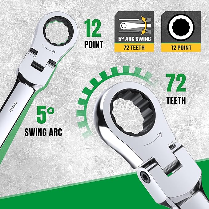 SK Flex-Head Ratcheting Wrench Set, Combination Wrench Set, 12-Piece, Metric 8 to 19mm, 72-Tooth, Premium CR-V Construction, with Rack Organizer