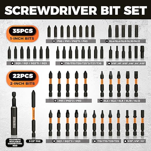COMOWARE 68Pcs Premium Screwdriver Bit Set, Black Oxide Coated Bits with Dry Anti-Rust Oil, Includes 1", 2", 3-1/2" Bits, 6 Sockets & Magnetic Driver for Drill/Hand Tools, Portable Storage Case