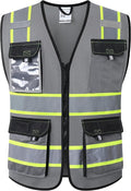 JKSafety Hi Vis Reflective Safety Vests for Men Women High Visibility Vest with Pockets Mesh Fabric Construction Safety Apparel Neon Vest for Work (220-Grey M)