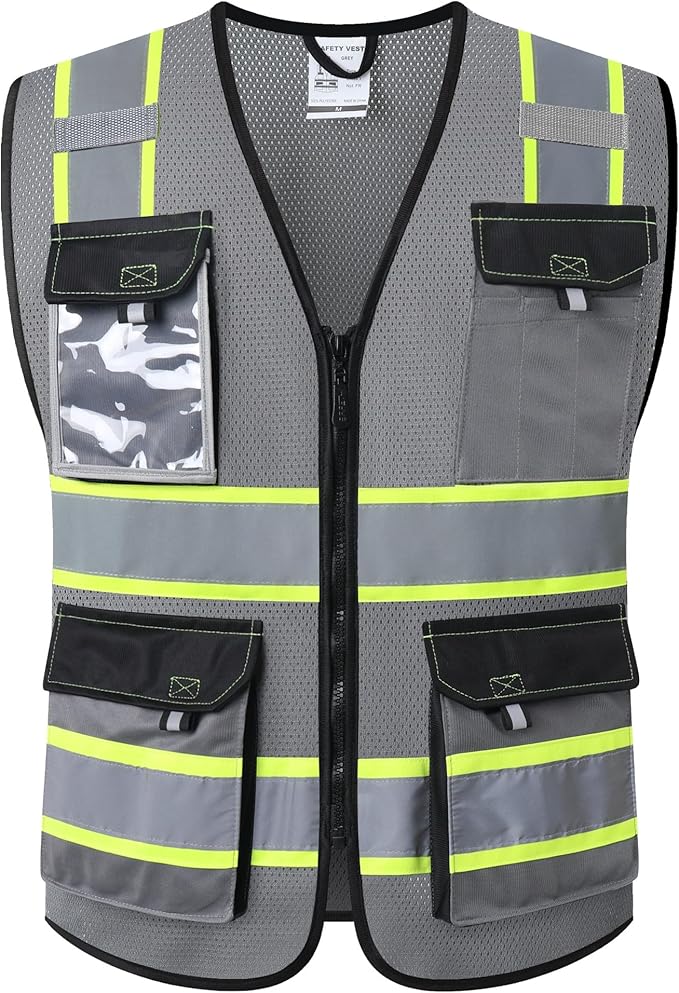 JKSafety Hi Vis Reflective Safety Vests for Men Women High Visibility Vest with Pockets Mesh Fabric Construction Safety Apparel Neon Vest for Work (220-Grey M)