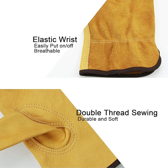 OZERO Leather Work Gloves Flex Grip Tough Cowhide Gardening Glove for Wood Cutting/Construction/Driving/Garden for Men and Women 1 Pair (Gold,Large)