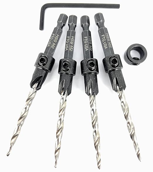 FTG USA Adjustable Wood Countersink Drill Bit Set 4 Pc #10 (3/16") with Tapered Drill Bit for Woodworking