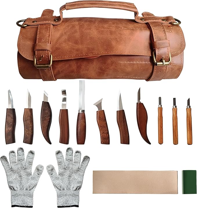 ZGROCK Wood Carving Kit Deluxe Whittling Knife Set 15PCS Wooden Carving Tools with Large PU Leather Case for Beginner Carpenter Experts