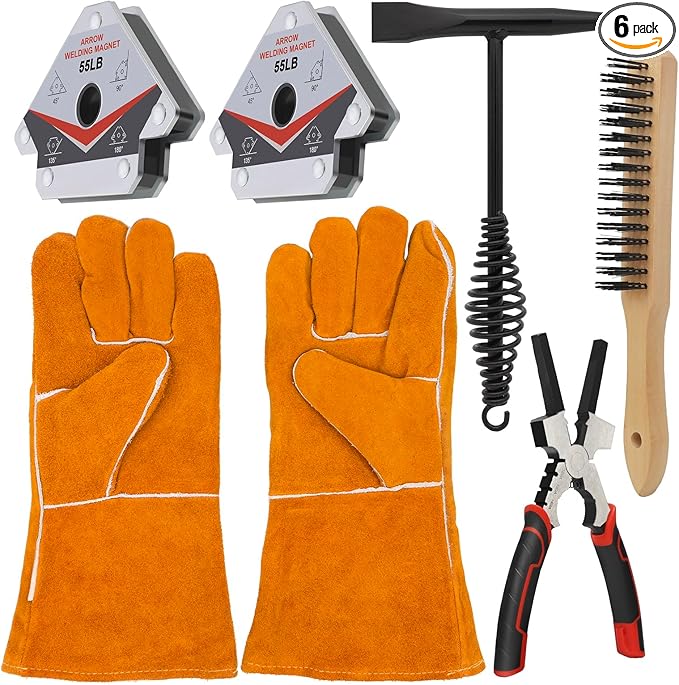 Welding Accessories,6pc,Chipping Hammer 10.5",Leather Welding Gloves 13.5",6-in-1 Welpers Pliers 8",Wire Brush 11",Welding Magnet 50LB