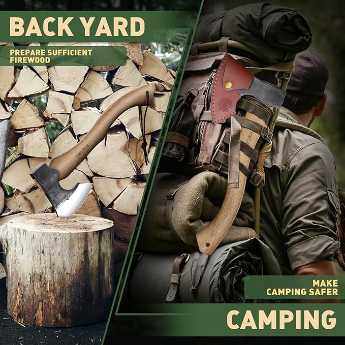 PURPLEBIRD Hatchet Axe with Sheath for Camping, 15 Inch Bushcraft Axe Carbon Steel Chopping Axe Wood Handle Splitting Axe, Hand-Forged Camping Hatchet for Carving Bushcraft Outdoor Forest Garden