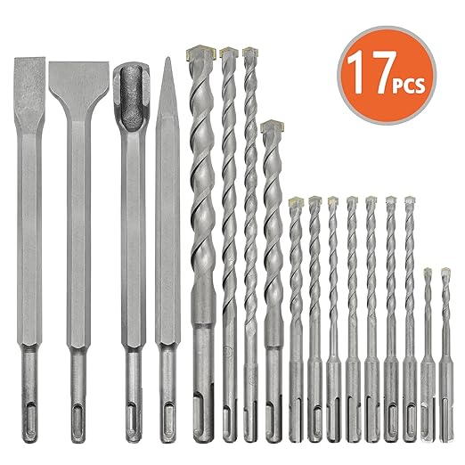 17Pcs SDS Plus Rotary Hammer Drill Bit Set,Concrete Drill Bit Kit with Point Chisel,Flat Chisel,Cross Type Double Thread Carbide Material for Concrete,Bricks,Tiles,Stone and Glass