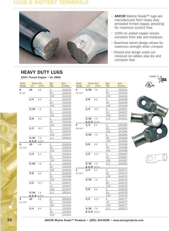 Ancor Marine Grade Tinned Copper Lugs, Sizes 8 AWG to 4/0 AWG