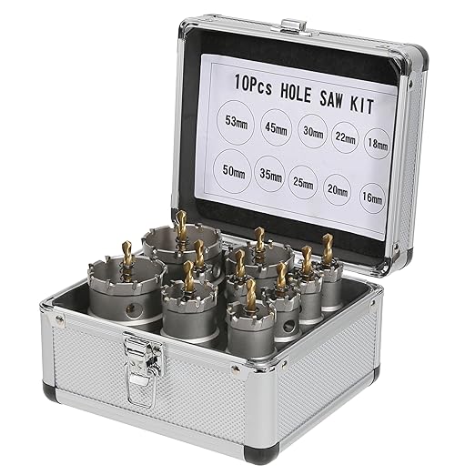 10PCS Carbide Hole Saw Kit, 16–53mm Metal Hole Cutter with Pilot Drill, Holesaw for Hard Metal, Stainless Steel, Iron, Mild Steel, Aluminium, Alloy, Plastic, Fiberglass