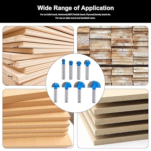 8PCS Round Nose Router Bits Set, 1/4-Inch Shank Woodworking Drill Bits Kit - for Roundover, Rabbeting, Tongue & Groove, Cabinet Door, Rail & Stile Joinery