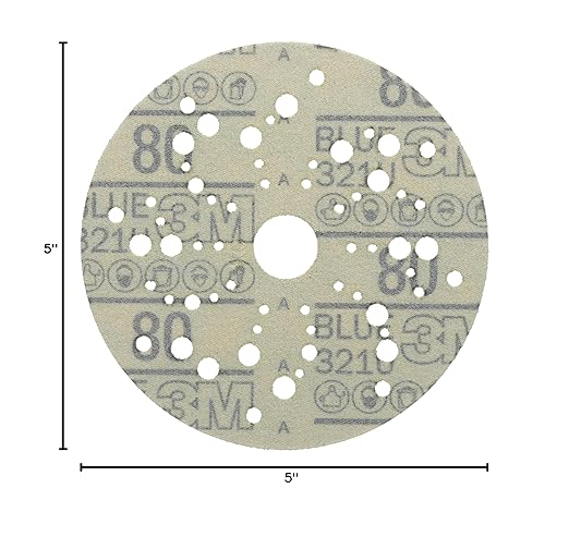 3M Hookit Blue Abrasive Discs 36157, Multi-Hole, 5 in, 80+ Grade, Pack of 50, Virtually Dust-Free, for Auto Sanding, Body Repair, Featheredging, Primer Sanding, Paint Preparation, E-Coat Sanding