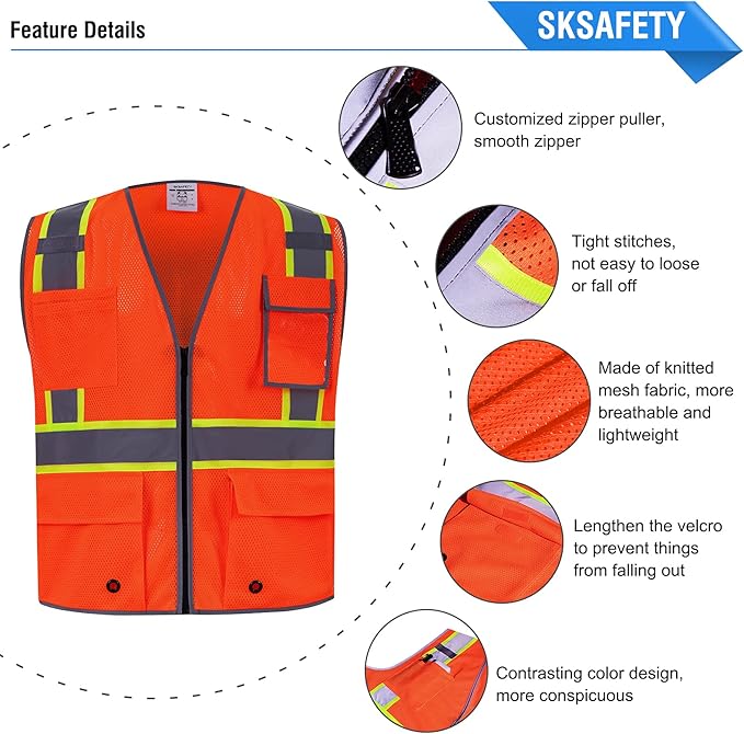 SKSAFETY 10 Pockets Safety Vest, Class 2 High Visibility Security with Zipper Double-sided mesh, Hi Vis Vest with Reflective Strips, ANSI/ISEA Standard, Construction Work Vest （Orange, 3XL）