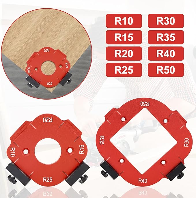 2Pcs Router Corner Radius Template Router Radius Jig 8 in 1 Aluminum Alloy Router Templates for Woodworking Router Corner Jigs and Templates R10/R15/R20/R25/ R30/R35/R40/R50 Use with Router Table