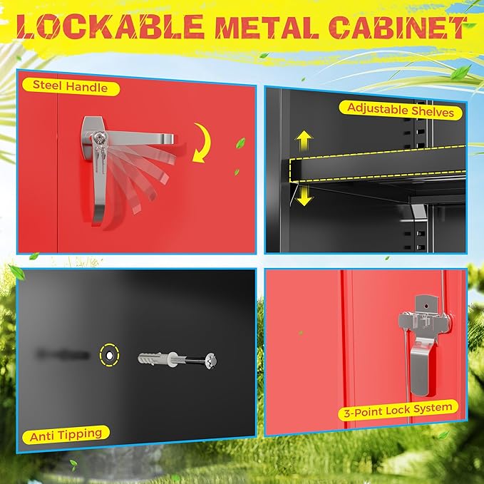 Pataku Metal Storage Cabinet, 71" Garage Cabinet with Doors and Shelves Lockable Steel Multifunctional Cabinets, File Cabinets for Home, Office, Warehouse(Black Red)