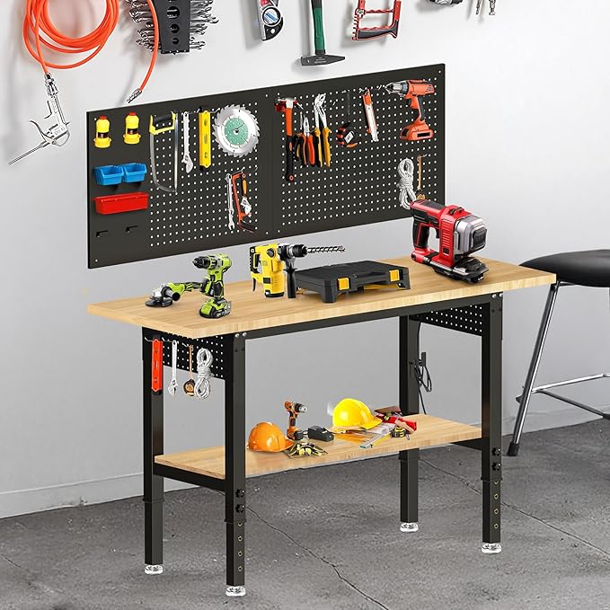 Adjustable Height Work Bench 60×22 Workbench for Garage with Under Table Shelf Heavy Duty Rubber Wood Work Table for Shop Woodworking, Office, Home, Commercial