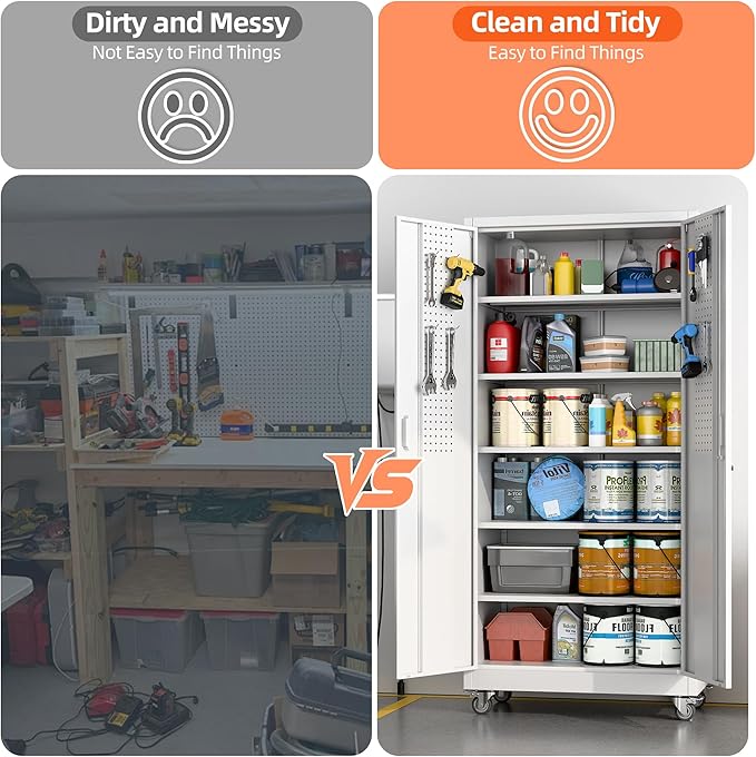 71" H×32" W×16" D Garage Storage Cabinet with Wheels, Locking Metal Storage Cabinet with 5 Adjustable Shelves, 4 Hooks and Pegboard for Garage, Home Office, Kitchen, Assembly Required, White