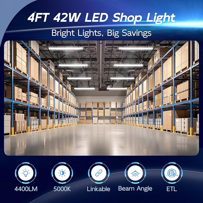 hykolity 2 Pack 4FT Linkable LED Shop Light for Garage, 4400lm, 4FT 42W, 5000K Daylight LED Workbench Light Fixture with Plug, Hanging or Surface Mount, White - ETL