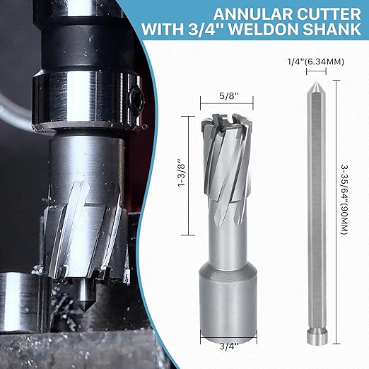 KEENTECH Carbide-Tipped Annular Cutter, 5/8" Diameter x 1-3/8" Depth, 3/4" Weldon Shank (2 Flat), High Speed Cutting TCT Mag Drill Bit with Pilot Pin for Harder Material, Stainless Steel, Cast Iron