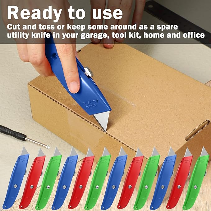 Reginary 30 Pcs Box Cutter Bulk Retractable Blade Utility Knife Heavy Duty Aluminum Alloy Razor Shell Knife for Cartons, Cardboard and Boxes, DIY, Factory, Home(Red, Green, Blue)