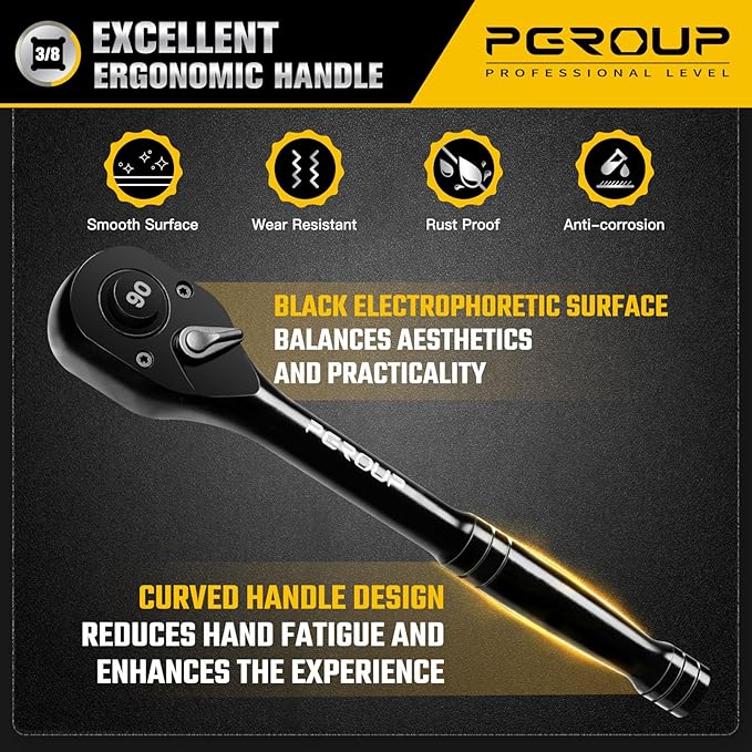 3/8-Inch Drive Ratchet Wrench, 90 Tooth Reversible Ratchet, 4-Degree Swing, Ergonomic Handle, Chrome Alloy Made, Quick Release Ratchet Wrench for Repairing, Home, DIY