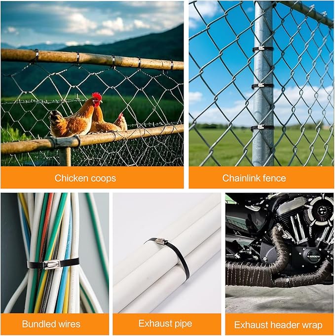 Stainless Steel Cable Tie Gun Kit：With 300pcs Uv Resistant Black Metal Zip Ties Heavy Duty Outdoor (150 Each of 8, 12 Inch) Adjustable Fastening Cutting Tie Tool Sets，for Chainlink Fence，Exhaust Wrap