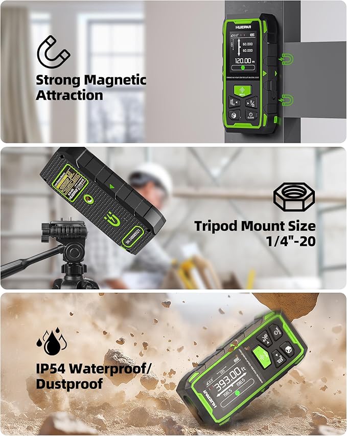 Huepar Dual Laser Measuring Tool, 393Ft Green-Beam Bilateral Digital Laser Distance Measure 6 Units Ft/in/M, Rechargeable Laser Measurement Tool -Backlit LCD Display, Length/Area/Volume/Angle Sensor