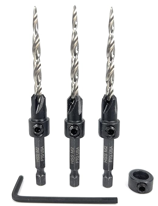 FTG USA Countersink Drill Bit Set for Wood with Tapered Drill Bit 3 Pc #10 (3/16")