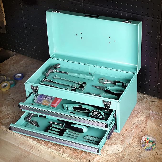 Amazon Basics Steel Tool Box Storage and Organization Drawers, 18.11 x 8.66 x 9.45 in, Turquoise Powder Coated Finish