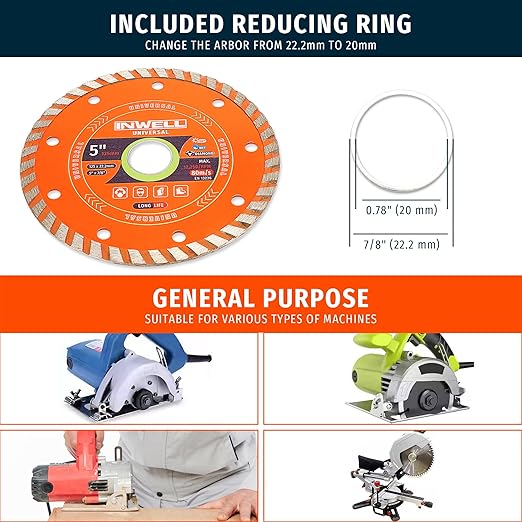 5 Inch Diamond Turbo Saw Blades - Ideal for Cutting Stone, Marble, Granite, Concrete, Bricks (2-Pack)